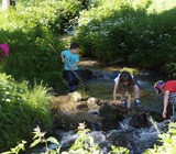 Kinder spielen am Bach